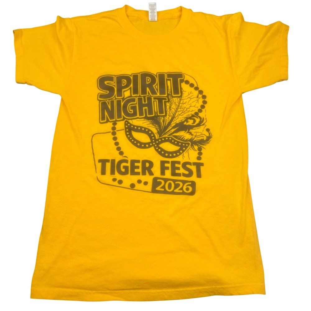 M&O Gold Mens Tiger Fest 2026 Spirit Night T-Shirt Small Yellow Graphic Mask